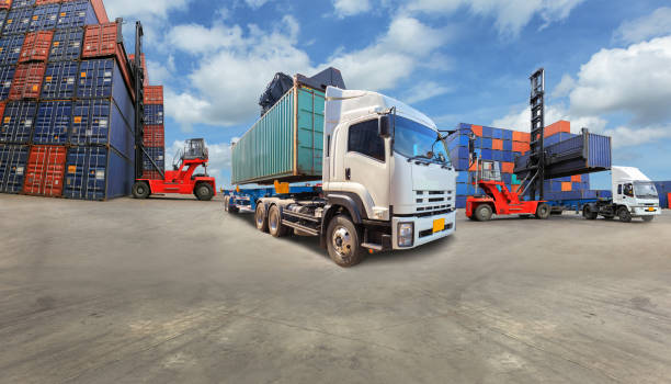 Truck with Industrial Container Cargo for Logistic Import Export at yard. Truck with Industrial Container Cargo for Logistic Import Export at yard.